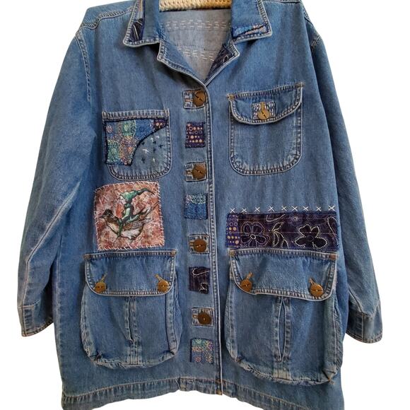 Restyled Handcrafted Wearable Art‎ Chicos Denim Jacket Sz M/L - Picture 2 of 9